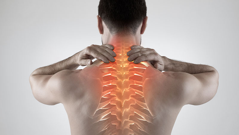 Upper back pain highlighted on man
